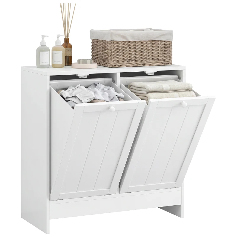 kleankin Tilt-Out Laundry Storage Cabinet, Modern Laundry Hamper with 2 Compartments for Bathroom Washroom, White