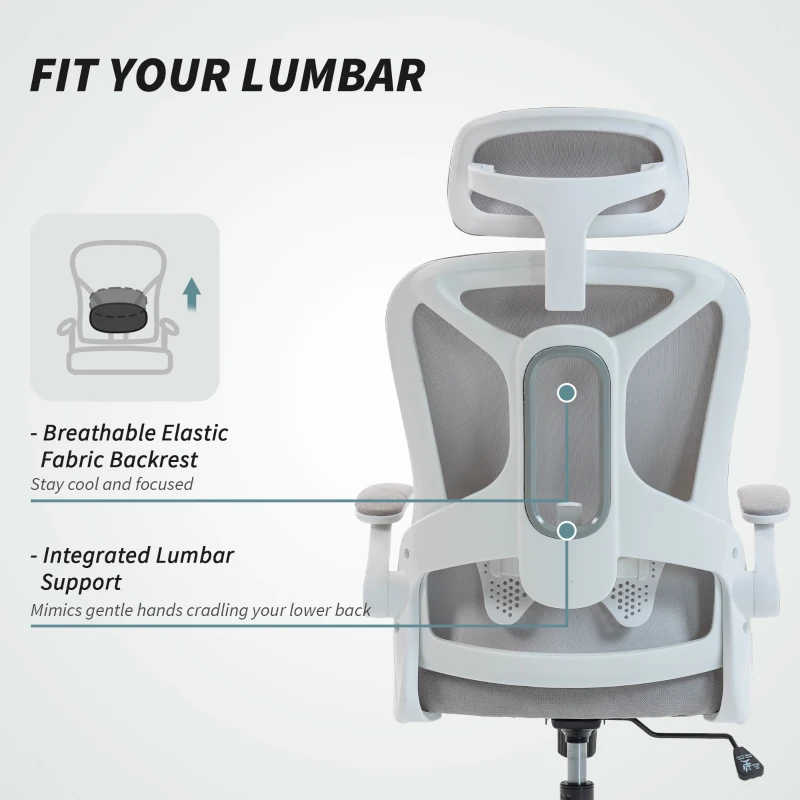HOMCOM Ergonomic Office Chair, Swivel Desk Chair with Adjustable Lumbar Support, Headrest and Height, Flip-up Armrests, Grey