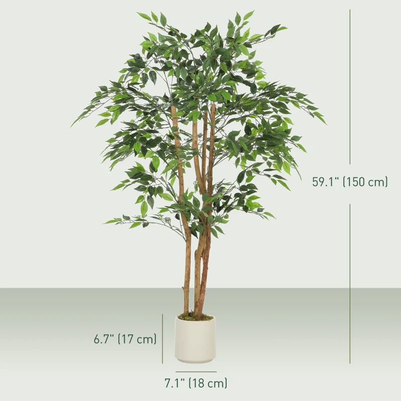 HOMCOM 5FT Artificial Banyan Tree Set of 2, Fake Potted Tree with Solid Wood Trunk and Pot for Indoor