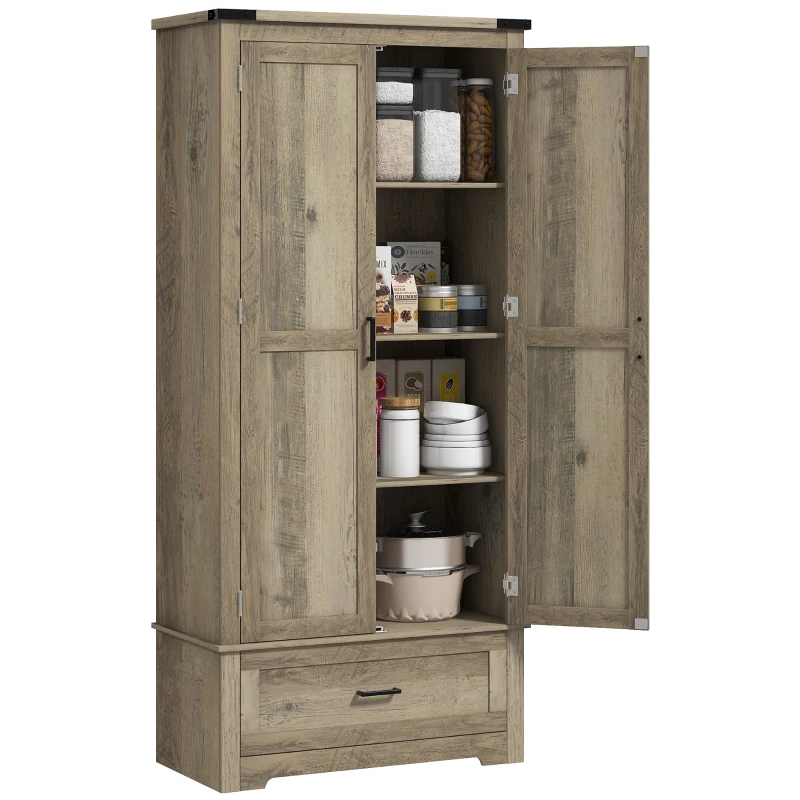 HOMCOM 69" Tall Farmhouse Kitchen Pantry Cabinet with 2 Doors, Drawer and Adjustable Shelves, Grey