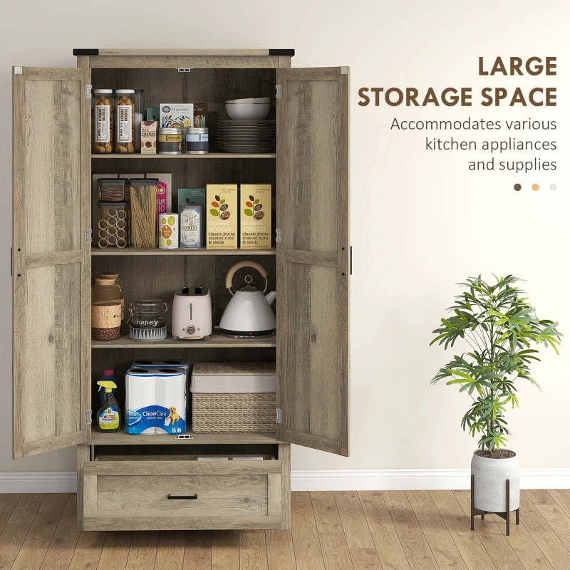 HOMCOM 69" Tall Farmhouse Kitchen Pantry Cabinet with 2 Doors, Drawer and Adjustable Shelves, Grey