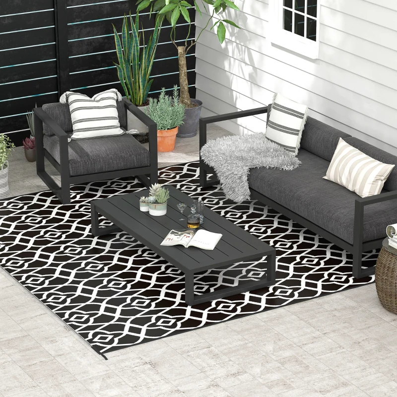 Outsunny Reversible Outdoor Rug Carpet RV Camping Rugs with Carry Bag, 8' x 10', Black & White Clover