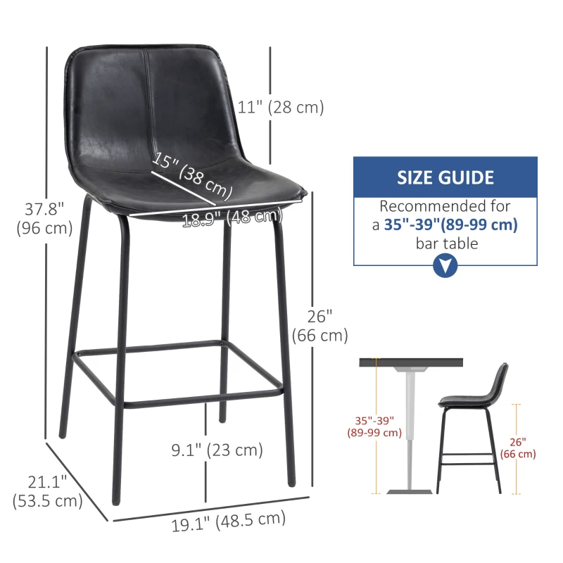 HOMCOM Bar Stools Set of 2, Upholstered Counter Height Bar Chairs, Kitchen Stools with Steel Legs
