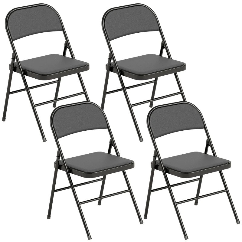 HOMCOM Set of 4 Metal Foldable Chairs, PU Leather Padded Folding Chairs with Cushion Seat and Open Back for Indoor, Black