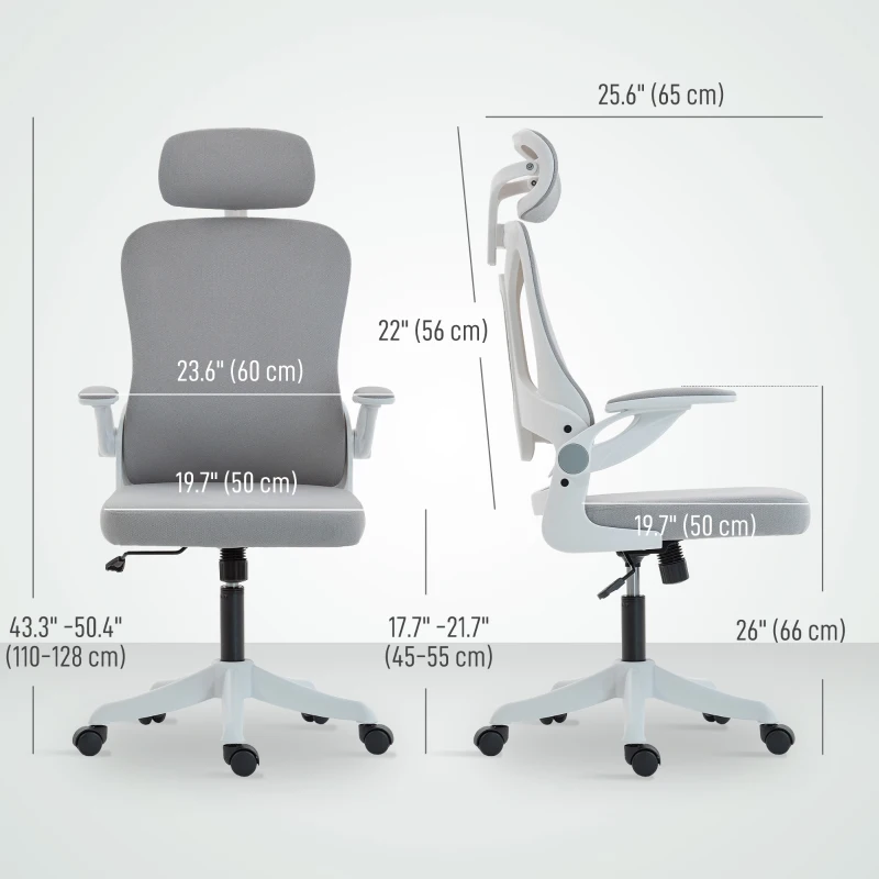 HOMCOM Ergonomic Office Chair, Swivel Desk Chair with Adjustable Lumbar Support, Headrest and Height, Flip-up Armrests, Grey