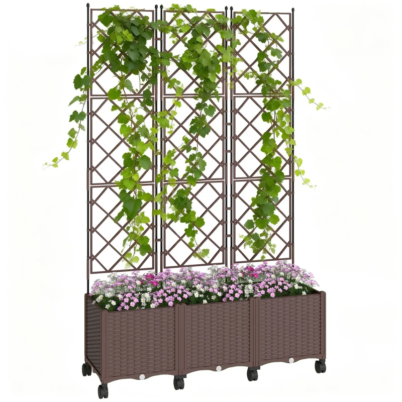 Outsunny Plastic Raised Garden Bed with Trellis, Self Watering Planter Box with Wheels, Drainage Holes and Plugs