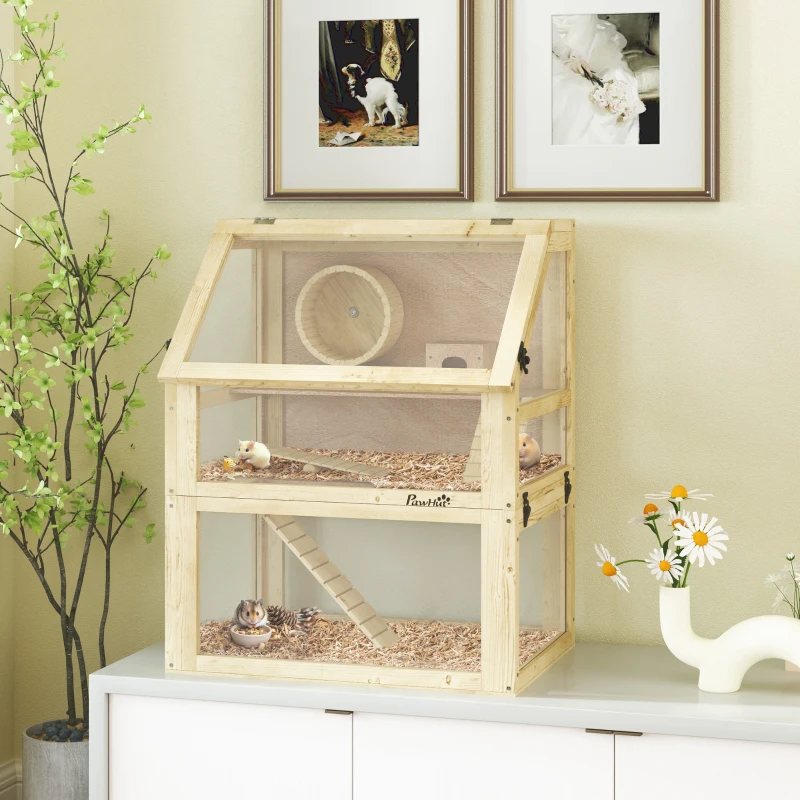 PawHut Wooden Hamster Cage, 3 Tier Gerbil Cage with Deep Bottom, Hut, Seesaw, Exercise Wheel, Ramps, 24" x 16" x 29.5"