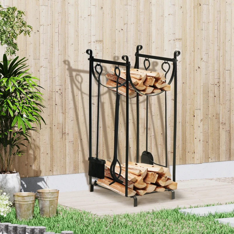 Outsunny Firewood Rack with Fireplace Tools, Outdoor Firewood Holder, 30.25" Tall Build with 2-Tiers, Black