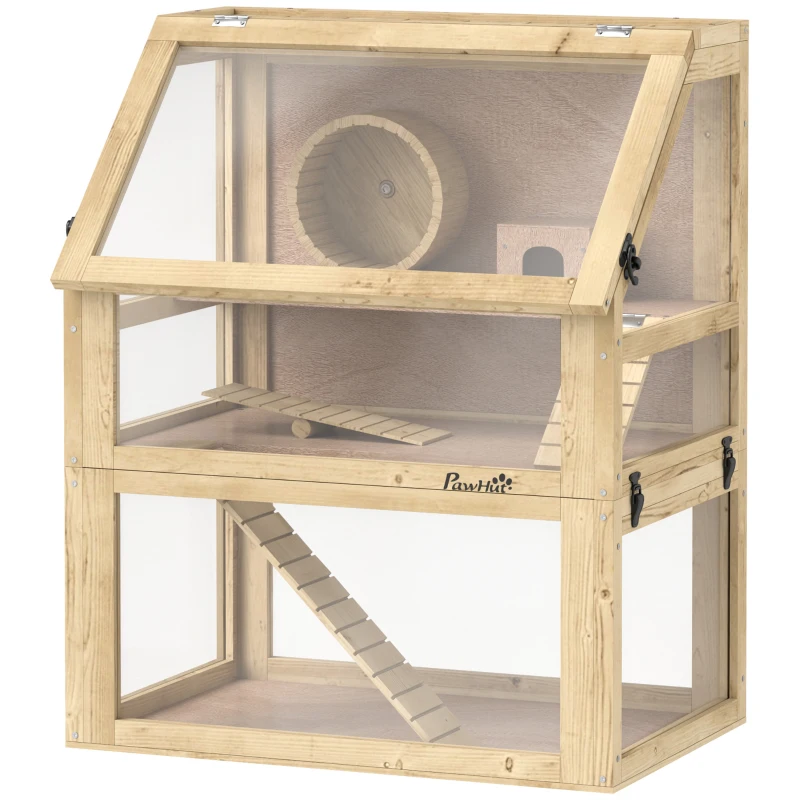 PawHut Wooden Hamster Cage, 3 Tier Gerbil Cage with Deep Bottom, Hut, Seesaw, Exercise Wheel, Ramps, 24" x 16" x 29.5"
