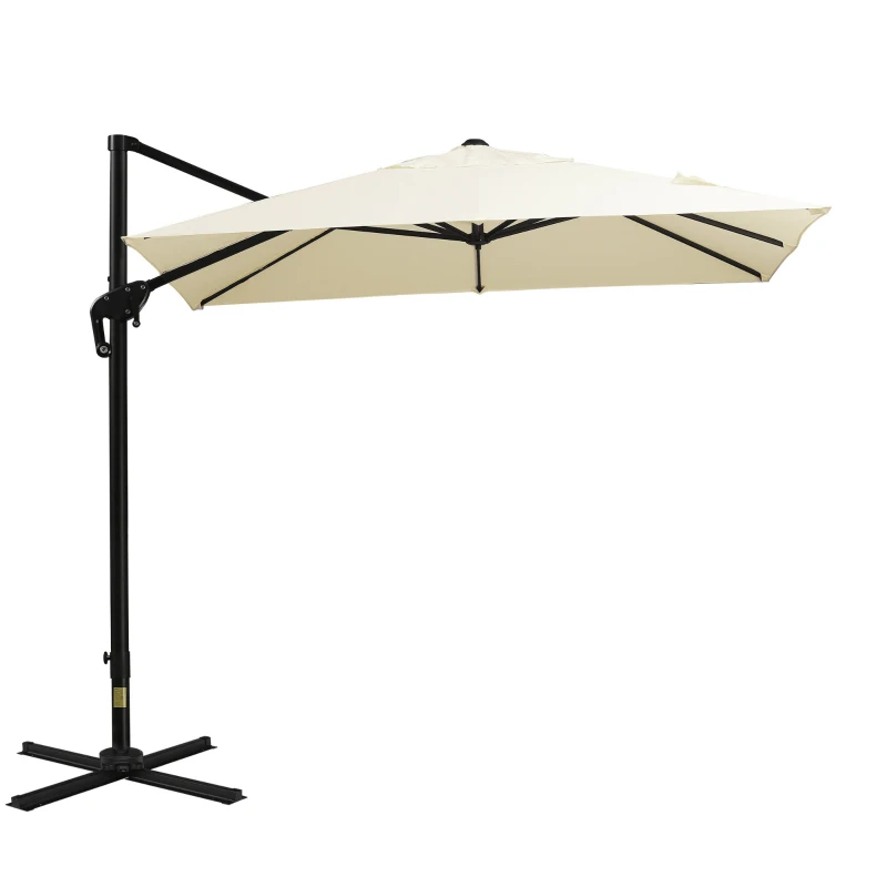 Outsunny 8FT Cantilever Patio Umbrella, Square Outdoor Offset Umbrella with 360° Rotation, Aluminum Hanging Umbrella with 3-Position Tilt, Crank & Cross Base for Garden, Cream White