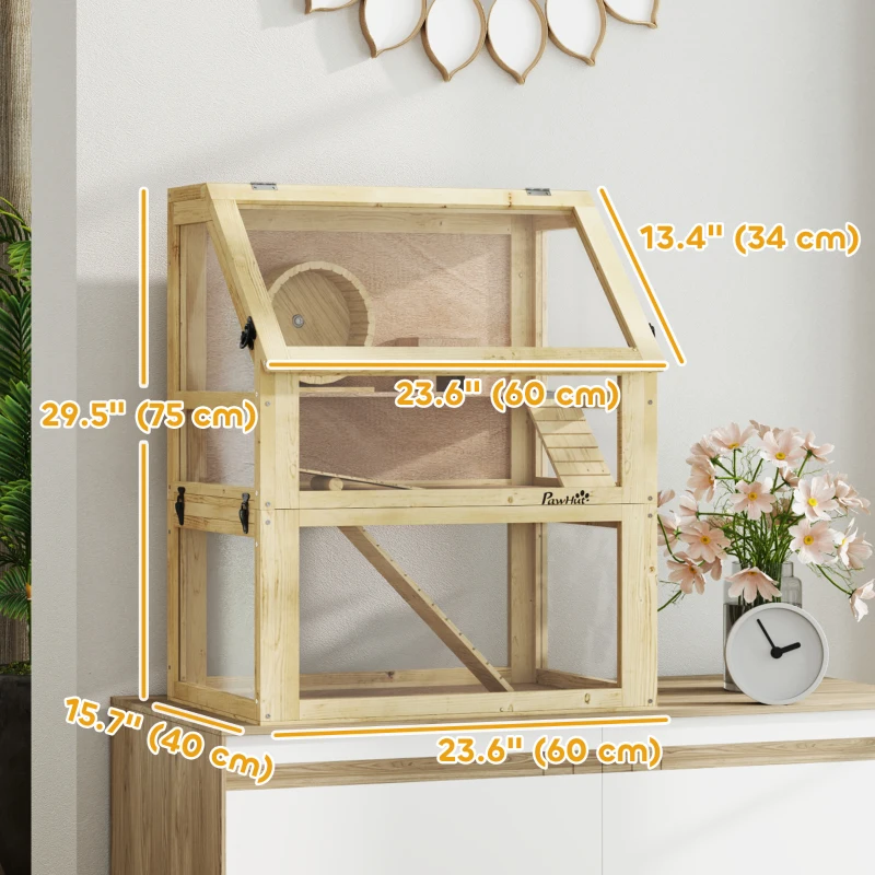 PawHut Wooden Hamster Cage, 3 Tier Gerbil Cage with Deep Bottom, Hut, Seesaw, Exercise Wheel, Ramps, 24" x 16" x 29.5"