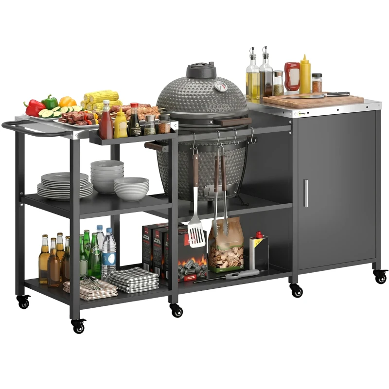 Outsunny Grill Table for Big Green Egg Grill, Heavy Duty Metal BBQ Prep Table with Stainless Steel Top and Storage Cabinet, Black