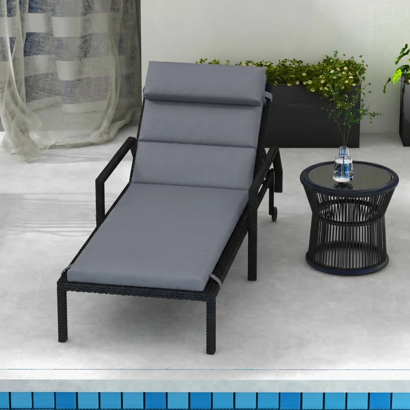 Outsunny Patio Chaise Lounge Chair Cushion Replacement Sun Lounger Pads with Headrest and Ties, Dark Grey