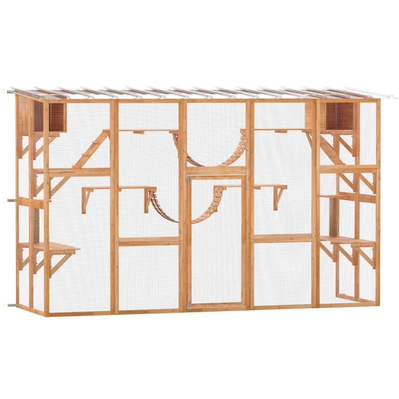 PawHut Catio Playground Cat Window Box Outside Enclosure for Multiple Cats w/ Shelves & Bridges, Orange