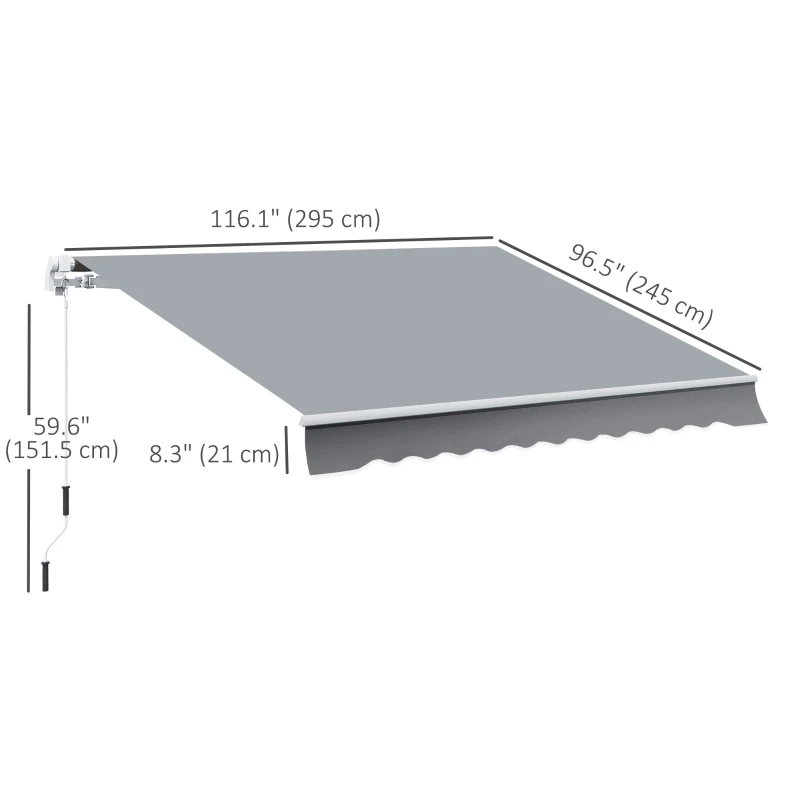 Outsunny 10x8ft Patio Awning Manual Retractable Sun Shade Aluminum Frame Grey