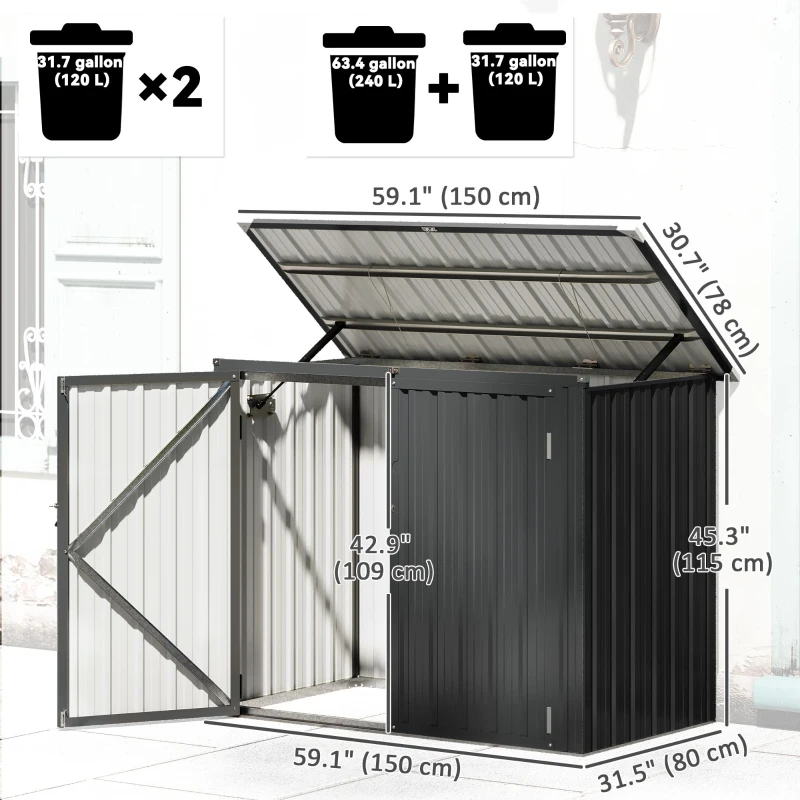Outsunny Outdoor Storage Shed Lockable Galvanized Steel Garbage Bin Shed Lift-up Lid for 2 Trash Cans