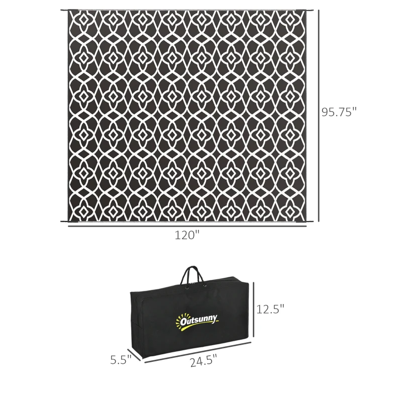 Outsunny Reversible Outdoor Rug Carpet RV Camping Rugs with Carry Bag, 8' x 10', Black & White Clover