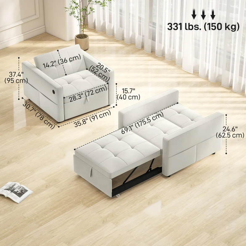 HOMCOM Convertible Chair Bed, Pull Out Sleeper Chair with USB, Adjustable Backrest, Small Velvet Futon Sofa Bed, Cream White