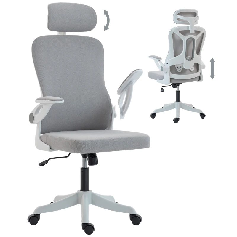 HOMCOM Ergonomic Office Chair, Swivel Desk Chair with Adjustable Lumbar Support, Headrest and Height, Flip-up Armrests, Grey