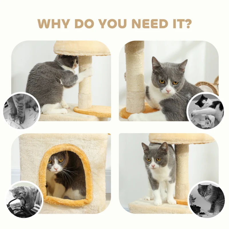 PawHut 28" Cat Tree Tower with Plush Top Bed, Cozy Condo, Sisal Scratching Post, Perch, Dangling Ball, Beige and Yellow