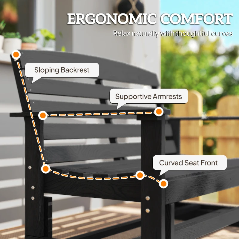 Outsunny Patio Glider Bench w/ HDPE Slatted Double Rocking Chair, Distressed Black