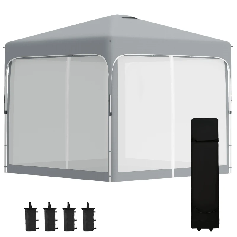 Outsunny 10' x 10' Pop Up Gazebo, Foldable Canopy Tent with Carrying Bag with Wheels, 4 Leg Weight Bags, Mesh Sidewalls and 3-Level Adjustable Height for Garden Patio Party, Grey