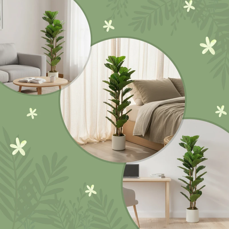 HOMCOM 4FT Artificial Fiddle Leaf Fig Tree, Fake Potted Tree with Solid Wood Trunks and Lifelike Leaves for Indoor Decor, Green