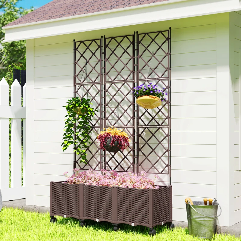 Outsunny Plastic Raised Garden Bed with Trellis, Self Watering Planter Box with Wheels, Drainage Holes and Plugs