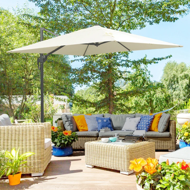 Outsunny 8FT Cantilever Patio Umbrella, Square Outdoor Offset Umbrella with 360° Rotation, Aluminum Hanging Umbrella with 3-Position Tilt, Crank & Cross Base for Garden, Cream White