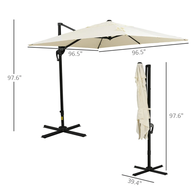 Outsunny 8FT Cantilever Patio Umbrella, Square Outdoor Offset Umbrella with 360° Rotation, Aluminum Hanging Umbrella with 3-Position Tilt, Crank & Cross Base for Garden, Cream White