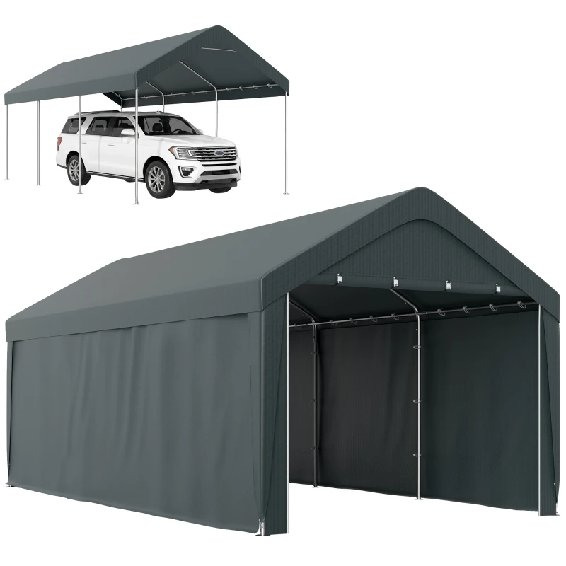 Outsunny Carport, 10 x 20 ft Portable Garage with 2 Roll-Up Doors and Removable Sidewalls for Car, Truck, Boat, Dark Grey
