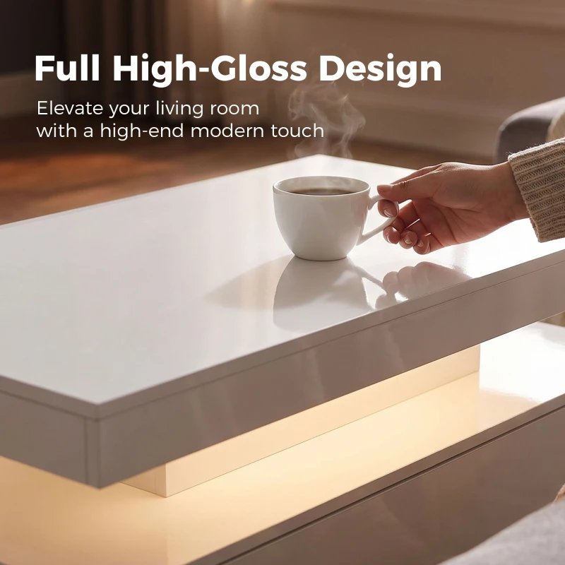 HOMCOM LED Coffee Table with Storage, 2-Tier Modern Center Table with 2 Drawers for Living Room, High Gloss White