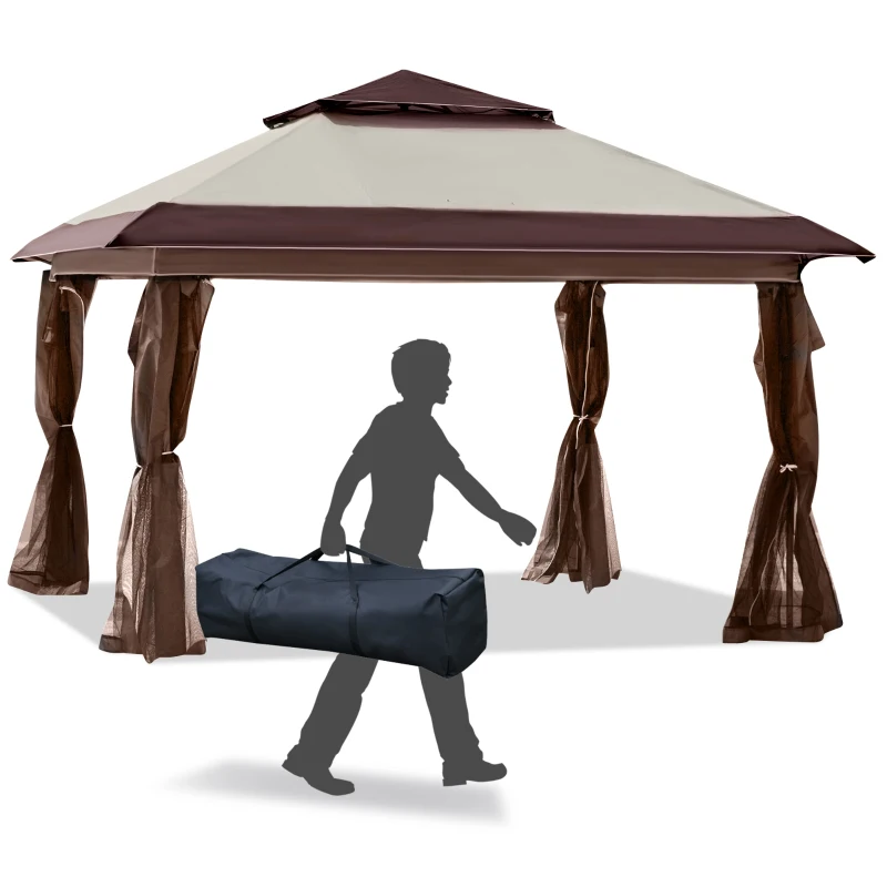 Outsunny 12' x 12' Heavy Duty Pop Up Canopy with Center Lift Hook Design, Mesh Sidewall Netting, 3-Level Adjustable Height and Storage Bag, Beige