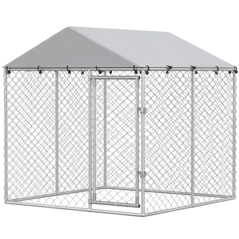 PawHut 6.6' x 6.6' x 6.6' Outdoor Dog Kennel Heavy Duty Galvanized Steel with UV-resistant Roof, Silver