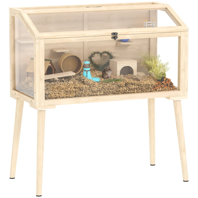 PawHut Wooden Hamster Cage, Hamster Habitat with Openable Top, Seesaws, Platforms, Water Bottle for Gerbils, 43.3"x20.5"x39.8"