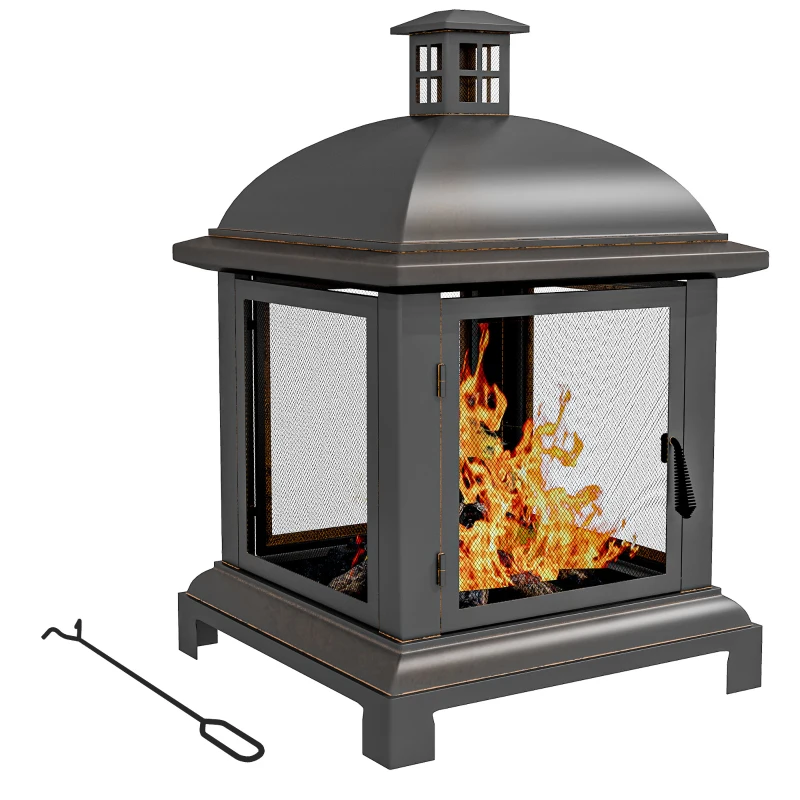 Outsunny Wood-Burning Fire Pit, Chimney Style Firepit with Poker, 26" x 26", Black
