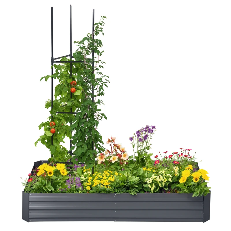 Outsunny 6' x 3' x 1' Raised Garden Bed with 2 Trellis Tomato Cages, Steel Frame Elevated Planter Box, Dark Grey