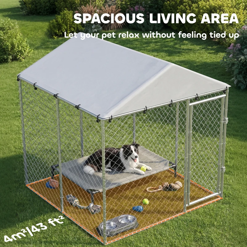 PawHut 6.6' x 6.6' x 6.6' Outdoor Dog Kennel Heavy Duty Galvanized Steel with UV-resistant Roof, Silver