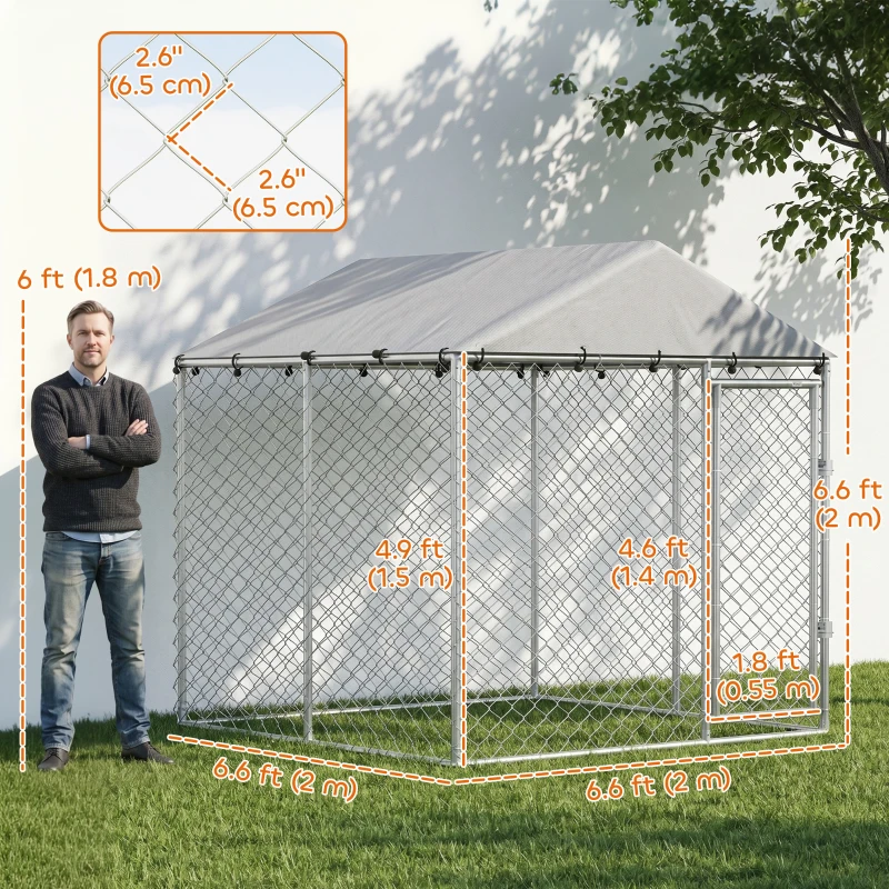 PawHut 6.6' x 6.6' x 6.6' Outdoor Dog Kennel Heavy Duty Galvanized Steel with UV-resistant Roof, Silver