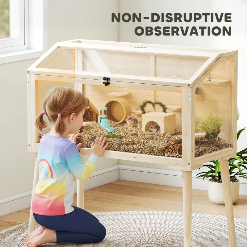 PawHut Wooden Hamster Cage, Hamster Habitat with Openable Top, Seesaws, Platforms, Water Bottle for Gerbils, 43.3"x20.5"x39.8"