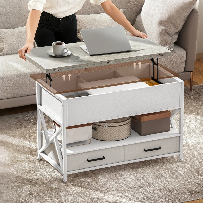 HOMCOM Modern Coffee Table, Lift Top Center Table with Fabric Drawers and Hidden Storage for Living Room, Cement Grey