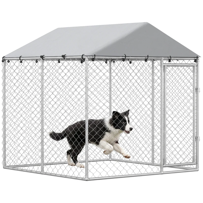 PawHut 6.6' x 6.6' x 6.6' Outdoor Dog Kennel Heavy Duty Galvanized Steel with UV-resistant Roof, Silver