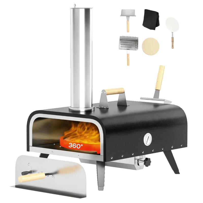Outsunny Pellet Wood Fired Pizza Oven, Outdoor Pizza Maker with 12" Rotating Stone, Peel and Waterproof Cover