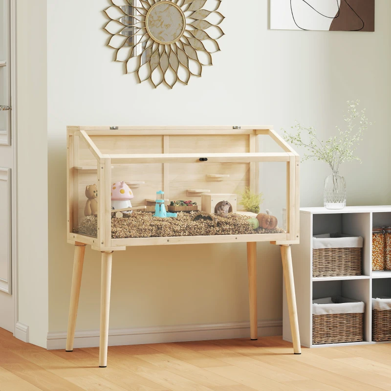 PawHut Wooden Hamster Cage, Hamster Habitat with Openable Top, Seesaws, Platforms, Water Bottle for Gerbils, 43.3"x20.5"x39.8"