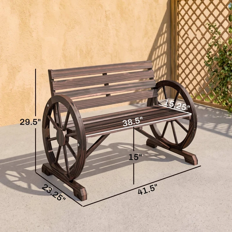 Outsunny 41" Wooden Wagon Wheel Bench, Rustic Outdoor Patio Bench Weather Resistance Furniture, 2-Person Slatted Seat with Backrest, Carbonized