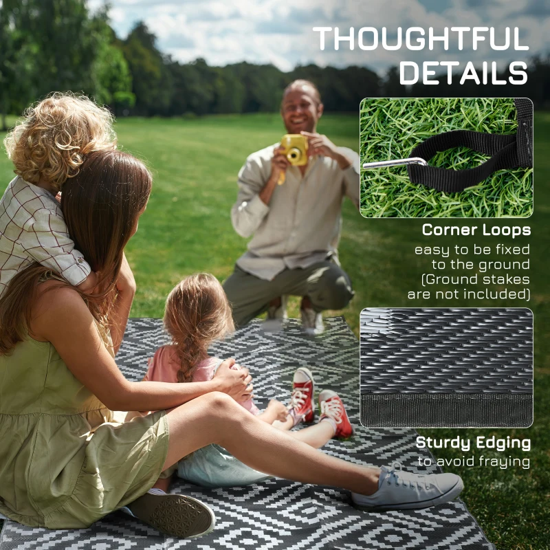 Outsunny Reversible Outdoor Rug Carpet RV Camping Rugs with Carry Bag, 9' x 12', Black & Gray Geometric