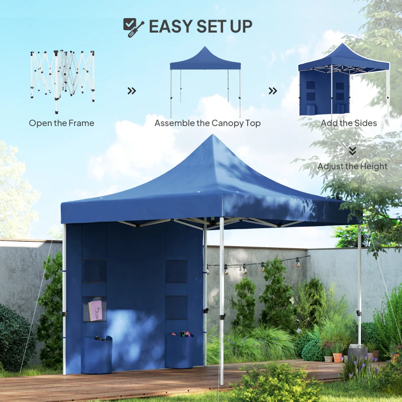 Outsunny 10' x 10' Heavy Duty Pop Up Canopy Tent with Sidewall, UPF50+ Instant Sun Shelter with Storage Pockets, Dark Blue