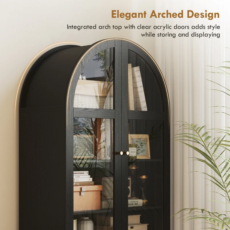 HOMCOM Arched Kitchen Pantry Cabinet, 71" Tall Farmhouse Kitchen Storage Cabinet with Acrylic Glass Doors, Black