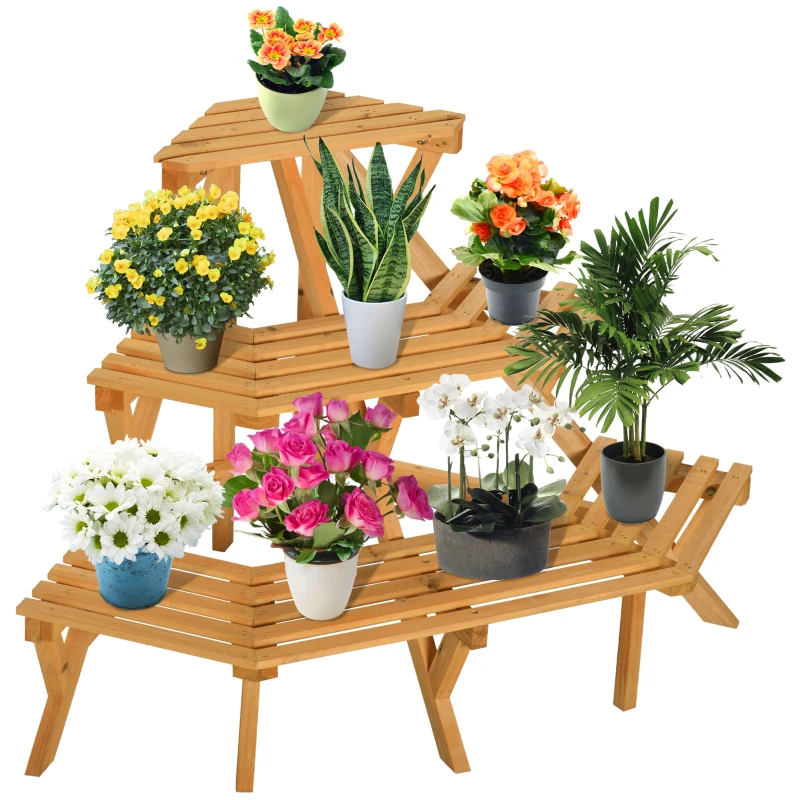 Outsunny Wooden Rustic 3-Tier Raised Plant Stand with Slatted Shelves Indoor & Outdoor Display Rack Plant Pot Organizer 37.75" x 25.25" x 24"