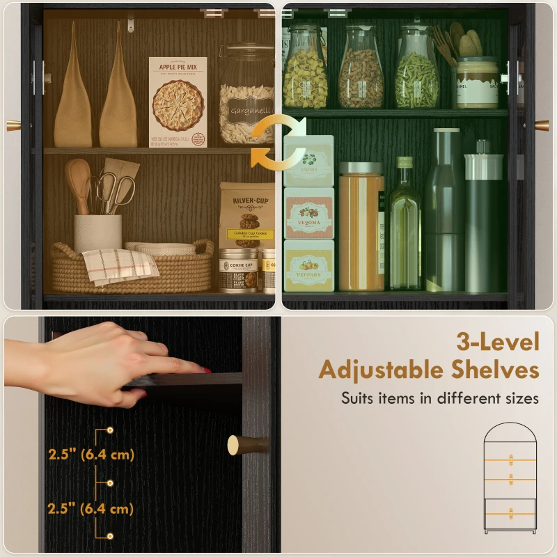HOMCOM Arched Kitchen Pantry Cabinet, 71" Tall Farmhouse Kitchen Storage Cabinet with Acrylic Glass Doors, Black
